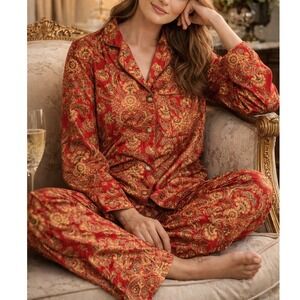 Lauren Ralph Lauren Red Gold Damask Floral Cotton Pajama Set Womens Medium X1